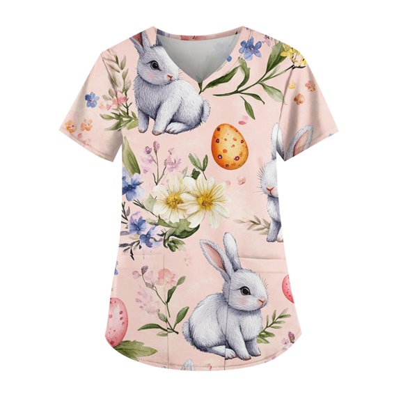 Black Scrubs，Scrub Tops for Women Medical Workwear Stretch Fashion Funny Easter Printed Plus Size Short Sleeve Nursing Uniform Scrub Tops，Pink，XXXL