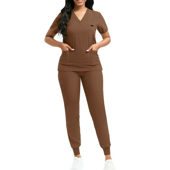 Black Scrubs,Scrubs Set for Women Nurse Uniform V-Neck Top and Drawstring Jogger Pants with Multi Pocket Nurse Workwear - Brown - XXL