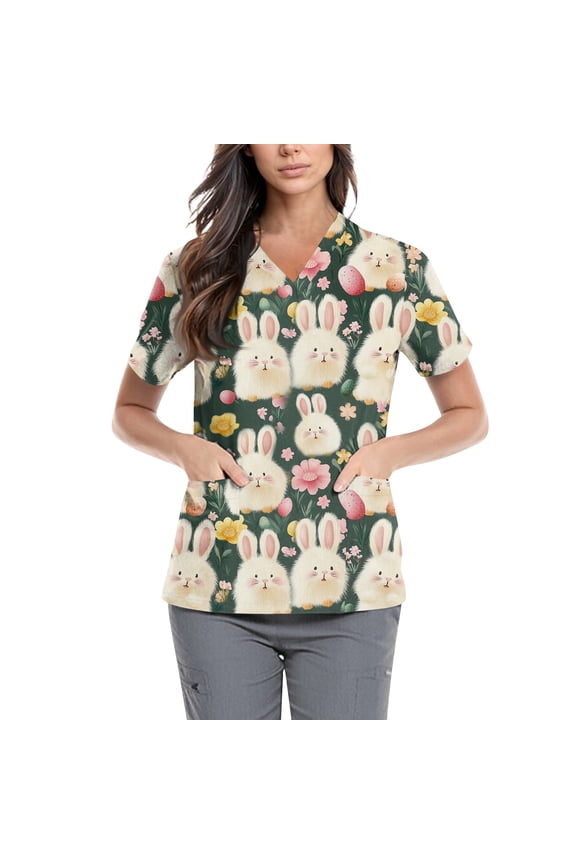 Black Scrubs Uniforms,Easter Scrub Tops Women Bunny Egg Hunt Print Short Sleeve V Neck Stretchy Holiday Nurse Working Uniform Scrubs Sets,Khaki,XL