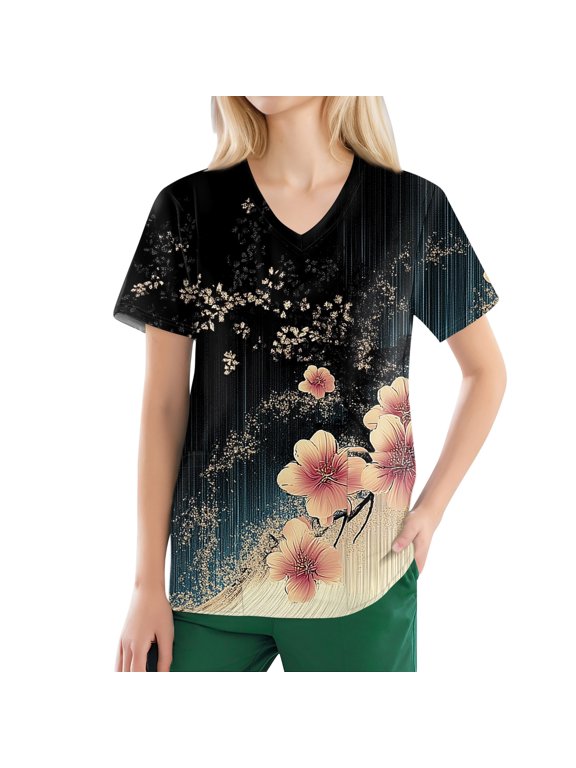 Black Scrubs Uniforms,Floral Print V-Neck Scrubs - Antimicrobial Fabric with Hidden Pocket - Dark Gray - XL