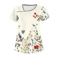 thumbnail image 1 of Black Scrubs Uniforms,Floral Printed Scrub Tops - Cheerful Floral Patterns Short Sleeve Medical Blouse - White - XXL, 1 of 5