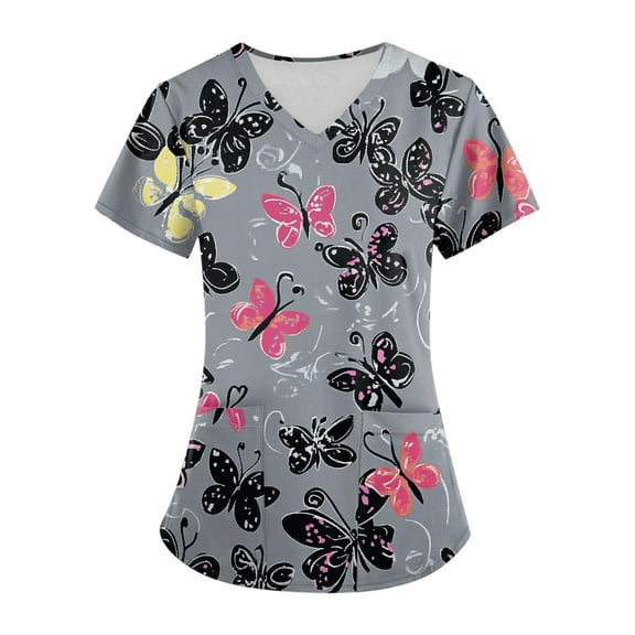 Black Scrubs Uniforms,V-Neck Scrub Tops with Animal Pattern - Wrinkle-Resistant Nursing Uniform with Pockets - Gray - XL