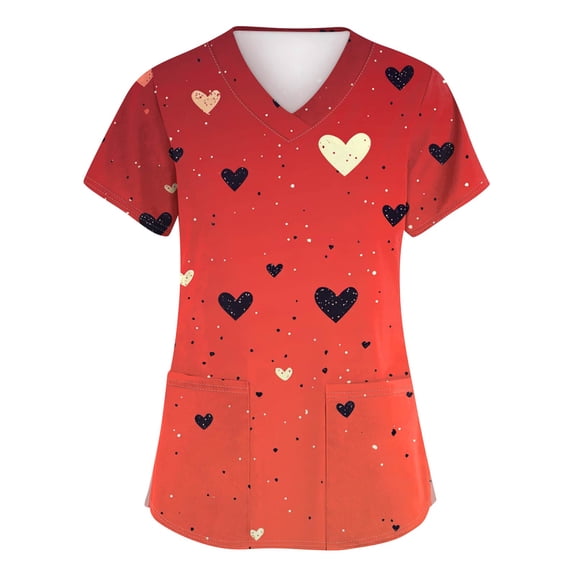 Black Scrubs Uniforms,Women's Fashion V-Neck Short-Sleeve Workwear with Pockets Valentine's Day Printed Top Nursing Scrub Top - Red - S