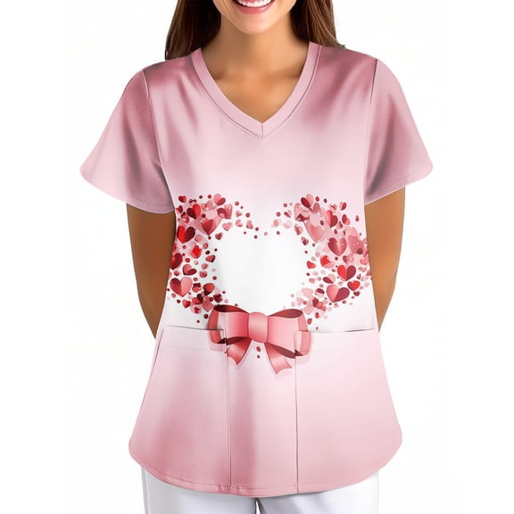 Black Scrubs Uniforms,Women's Valentine's Day Printed Loose-Fit V-Neck Pocket Short-Sleeve Nursing Scrubs Top - Purple Pink - L