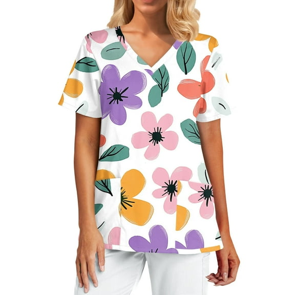 Black Scrubs Women,Floral Printed Scrub Tops for Women - Stretchy V-Neck Short Sleeve Nurse Work Shirts - Light Purple - L