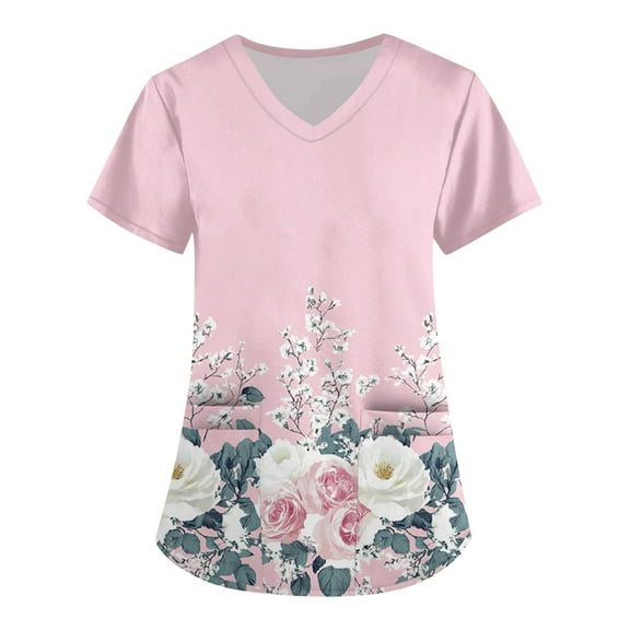 Black Scrubs Women,Women's Floral Printed Scrub Tops - V-Neck Stretch Fabric with Utility Pockets - Pink - L