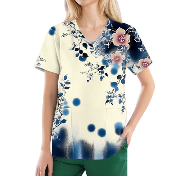 Black Scrubs Women,Women's V-Neck Scrub Tops Short Sleeve with Pockets - Floral Printed Nurse Medical Work Uniform Blouse - Blue - XXXXXL