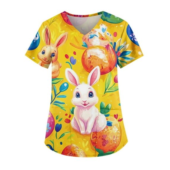 Black Scrubs,Womens Scrub Tops Cute Easter Print V Neck Short Sleeve Shirts Stretch Nurse Uniform Medical Scrubs with Pockets,Yellow,M