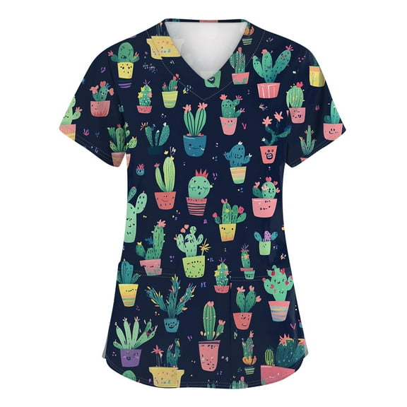 Black Scrubs for Women,Animal Ribbon Print Nurse Tops - Stretchy V-Neck Scrub Shirts with Hidden Pen Pocket - Beige - L