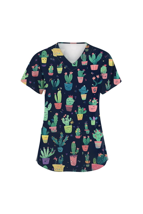 Black Scrubs for Women,Animal Ribbon Print Nurse Tops - Stretchy V-Neck Scrub Shirts with Hidden Pen Pocket - Beige - L