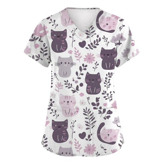Black Scrubs for Women,Animal Ribbon Print Nurse Tops - Stretchy V-Neck Scrub Shirts with Hidden Pen Pocket - Multicolor - S