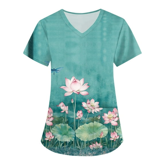 Black Scrubs for Women,Floral Print Medical Tops - Quick-Dry Scrub Blouse with Utility Pockets - Sky Blue - XXXXXL