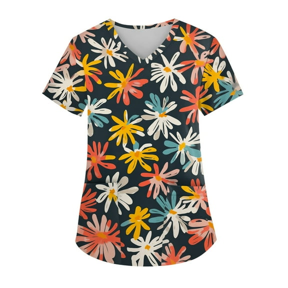 Black Scrubs for Women,Hawaiian Print Scrub Tops - Stretch V-Neck with Reinforced Pockets for Medical Use - Saffron - XL
