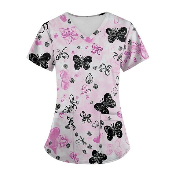 Black Scrubs for Women,V-Neck Scrub Tops with Animal Pattern - Wrinkle-Resistant Nursing Uniform with Pockets - Pink - L
