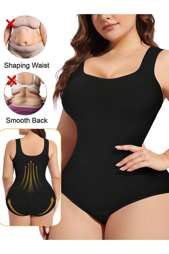 Black Sculpting Bodysuit With Square Neck, Wide Straps, Tummy Control & Butt Lift