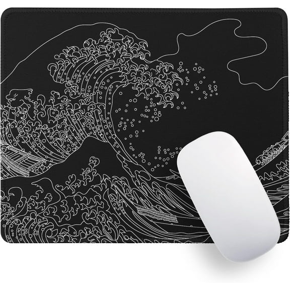 Black Sea Wave Mouse Pad Gaming Mousepad for Wireless Mouse Stitched Edge Japanese Large Mouse Mat for Desk Laptop Mouse Pads Non-Slip Rubber Base Small Desk Pad 10.2×8.3×0.12 Inch Home Office Travel