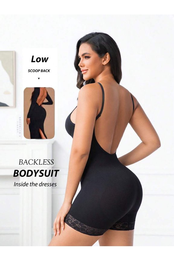 Black Seamless Open Back Bodysuit With Lace Trim, Tummy Control & Butt Lift