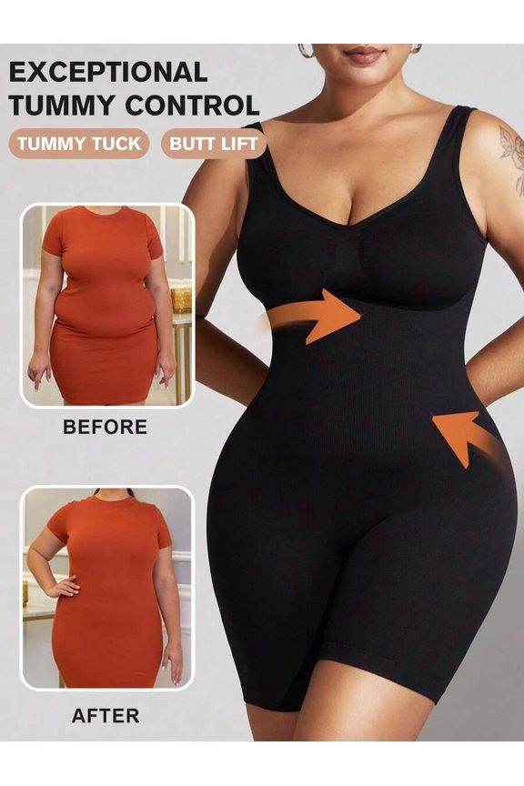 Black Seamless Plus Size Shapewear Bodysuit With Tummy Tuck And Butt Lift