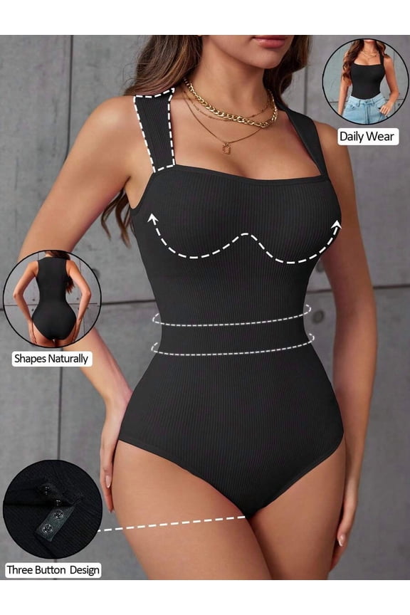 Black Seamless Triangle Bodysuit With 3-Button Crotch Closure Shapewear