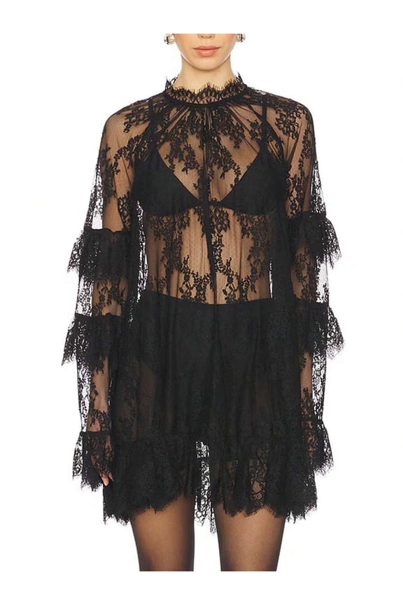 Black See-Through Lace Mini Dress With Long Ruffled Sleeves High Neck Casual Sheer Overlay