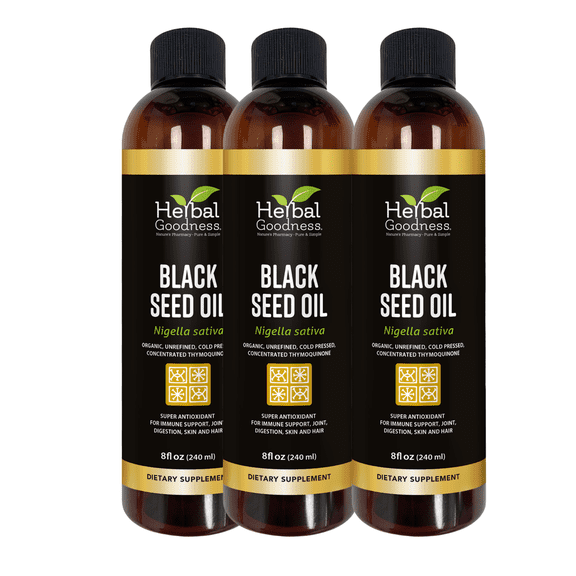 Black Seed Oil 100% Pure Cold Pressed 8 fl. Oz Pack of 3 - Organic Cumin Seed Oil for Immune, Joint, Hair & Skin Support - Herbal Goodness