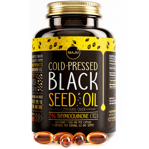 MAJU's Black Seed Oil Capsules (120ct), Cold Pressed, High Thymoquinone Nigella Sativa Gelcaps, Halal Friendly, 500mg Per Serving