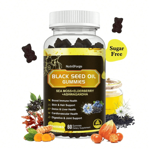 Black Seed Oil Gummies 3-Layer Daily Defense System Sea Moss, Elderberry, Ashwagandha, Vitamin D3 & Zinc Immune, Detox & Stress Support Vegan, Non-GMO 60 Gummies