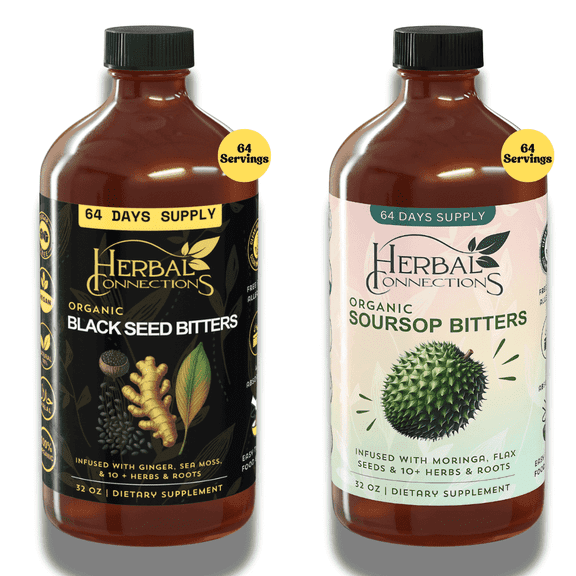 Black Seed & Soursop Bitters Bundle 32 oz Each (64-Day Supply) By Herbal Connections -Vegan Organic Herbal Tonic for Overall Wellness No Sugar, Made in USA