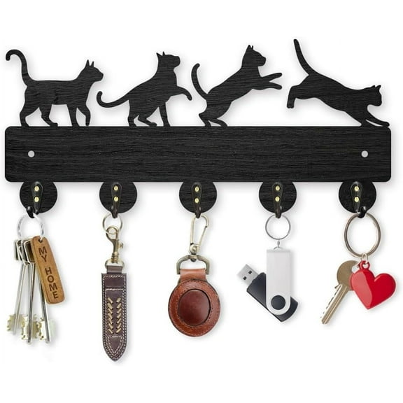 Black Self-Adhesive Cat Coat Hooks Wall Mount 11.85.4inch Wood 4 Kittens Animal Key Holder for Wall 5 Alloy Hooks Black Pet Wall Art Decor for Entryway Living Room Cat Lover Gift