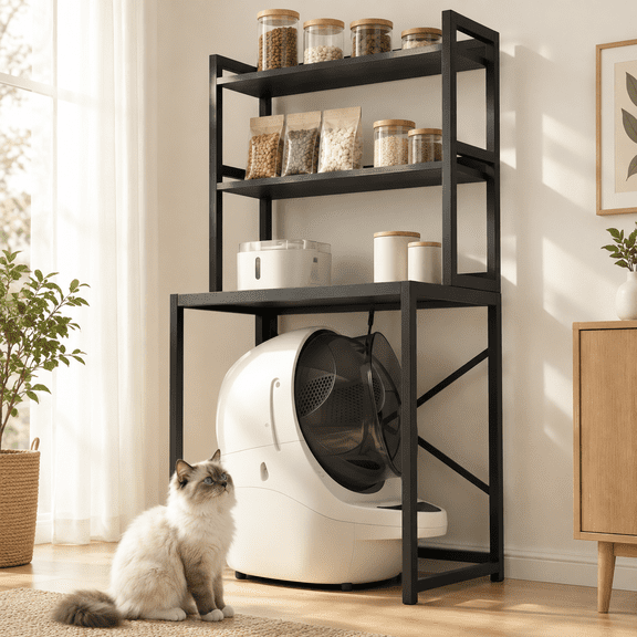 Black Self-Cleaning Litter Box Enclosure with Feeding Station and Storage