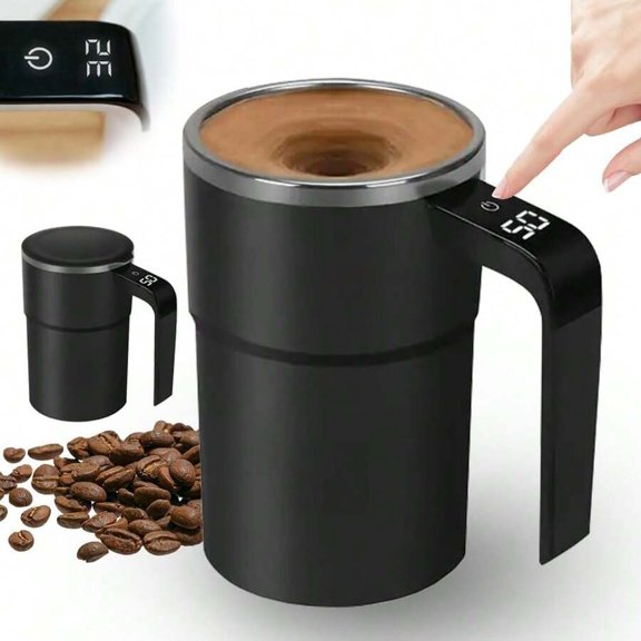 Black Self-Stirring Coffee Mug 12 Oz With LCD Thermometer & Handle