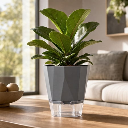 Black Self Watering Planter 6.3 Inch - Modern Geometric Plastic Flower Pot with Water Reservoir for Indoor Plants, Automatic Hydration Pot for Succulents Herbs - Black