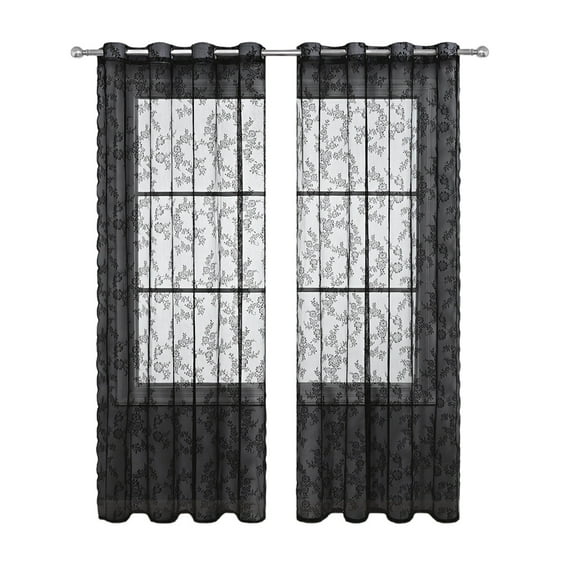 Black Semi Sheer Curtains Grommet Window Drapes Light Filtering Open Weave Texture For Bedroom Living Room Vintage Style Room Divider, 39X98In 1.8Lb