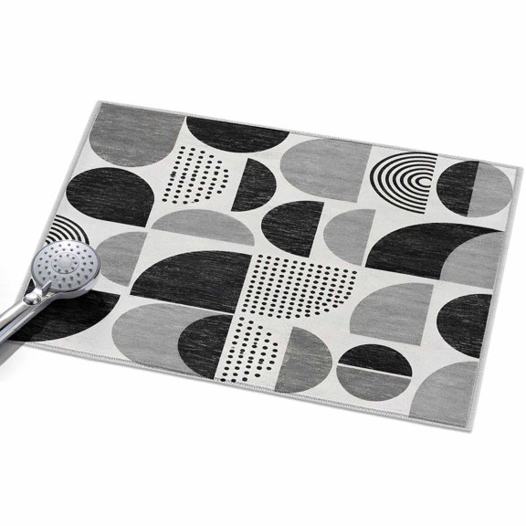 Black Semicircles Area Rug, Boho Art Modern Charcoal Geometrics Dots Non-Slip Felt Rubber Backing Rectangle Indoor Carpet Washable Rugs for Living Room Bedroom 2x3ft