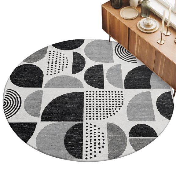 Black Semicircles Area Rug, Boho Art Modern Charcoal Geometrics Dots Non-Slip Felt Rubber Backing Round Indoor Carpet Washable Rugs for Living Room Bedroom 3ft