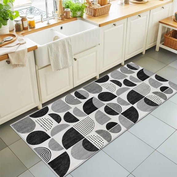 Black Semicircles Washable Runner Rugs 2'x6', Boho Art Modern Charcoal Geometrics Dots Washable Runner Rug Non-Slip Sturdy Edge Binding Carpet for Bedside Hallway Runner Kitchen Galley