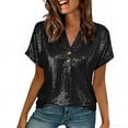 thumbnail image 1 of Black Sequin Top for Women Batwing Sleeve V-Neck Relaxed Fit Party Going Out Shirt Holiday Sparkly Blouse,Size M, 1 of 8