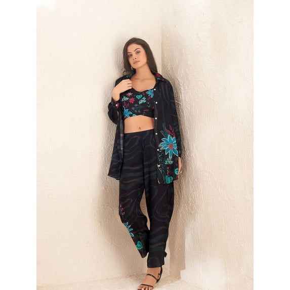 Black Sequins 3 Piece Co-Ord Set With Camisole
