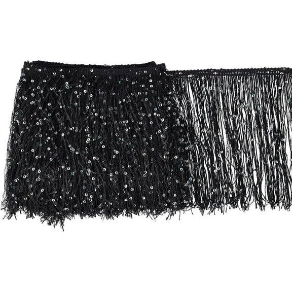 Black Sequins Chainette Fringe Yarn Tassel Trim 7.87 Inch Wide x 17.62 Feet Long Formal Modern Wedding Occasion Style Polyester Lace Material 1 Count
