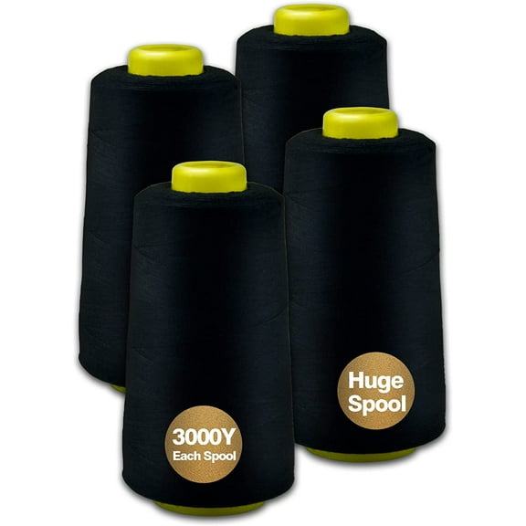 Black Serger Thread, All-Purpose Thread for Sewing, Polyester, 4 Cones of 3000 Yards Each Spool for Sewing Machine