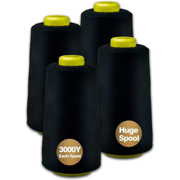 Black Serger Thread, -Purpose Thread for Sewing, Polyester, 4 Cones of 3000 Yards Each Spool for Sewing Machine