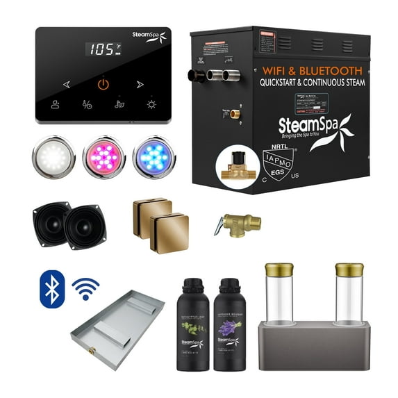 Black Series 10.5KW Steam Bath Generator with Wireless Remote, BLUETOOTH, WIFI, and Dual Aroma Pump in Gold