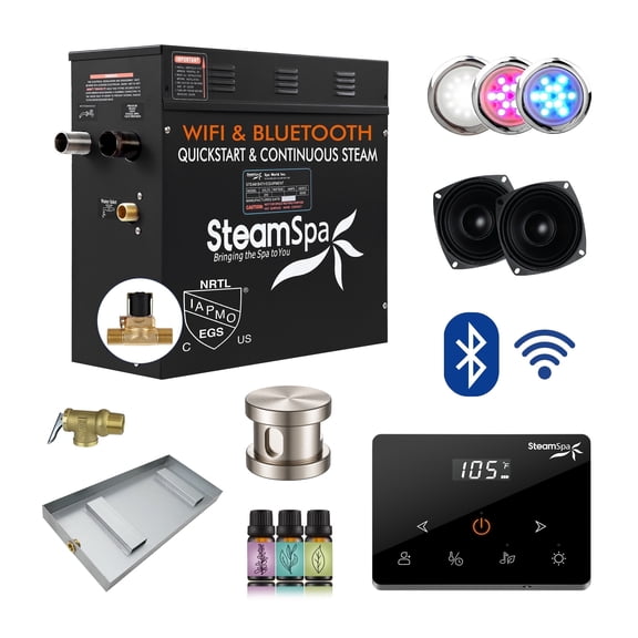 Black Series 7.5KW Steam Bath Generator with Fully Wireless Remote, BLUETOOTH, WIFI, and Auto Drain in Brushed Nickel