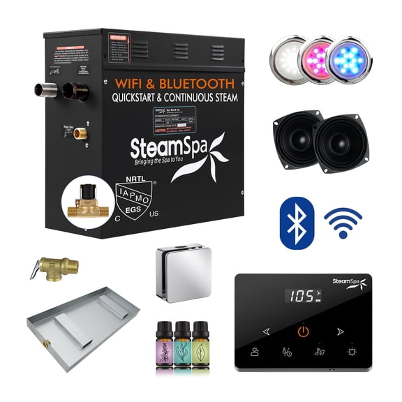 Black Series 7.5KW Steam Bath Generator with Fully Wireless Remote, BLUETOOTH, WIFI, and Auto Drain in Polished Chrome