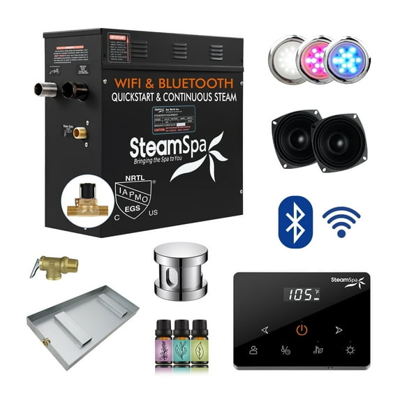 Black Series 9KW Steam Bath Generator with Fully Wireless Remote, BLUETOOTH, WIFI, and Auto Drain in Polished Chrome