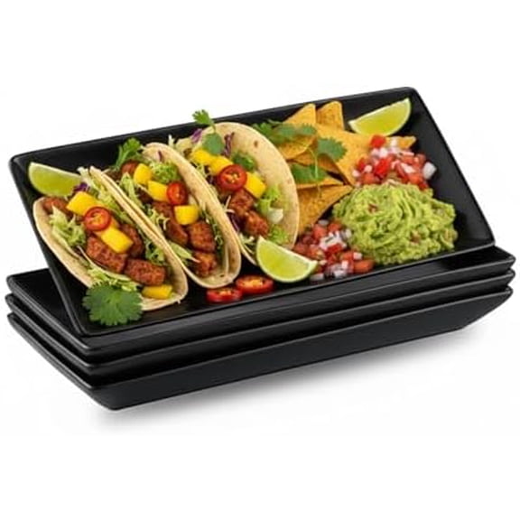 Black Serving Platter Set of 4 Porcelain Serving Plates Rectangular Halloween Serving Dishes and Platters Serving Trays for Party Appetizer Sushi, 10 Inch Black Serveware Thanksgiving Gifts