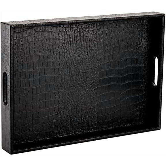 Black Serving Tray with Handles, Decorative Ottoman Tray in Alligator Faux Leather, 17x12 Inch Rectangular for Coffee Table, Living Room, Bed or Dressing Table