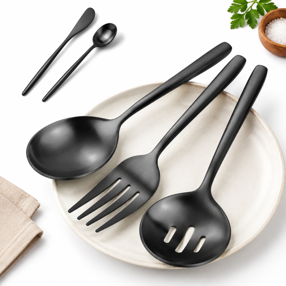 Black Serving Utensils Set 5pc Stainless Steel Spoons