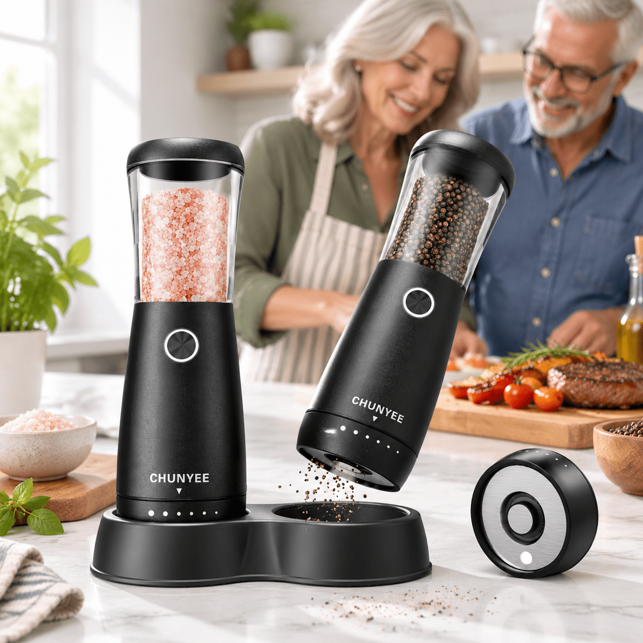 Black Set Electric Salt and Pepper Mills, Stainless Steel Rechargeable ...
