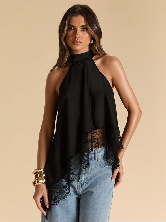 Black Sexy Elegant Lace Patchwork Halter Backless Satin Camisole Top, Suitable For Party Night Out, Cocktail, Formal Occasions,Summer Top